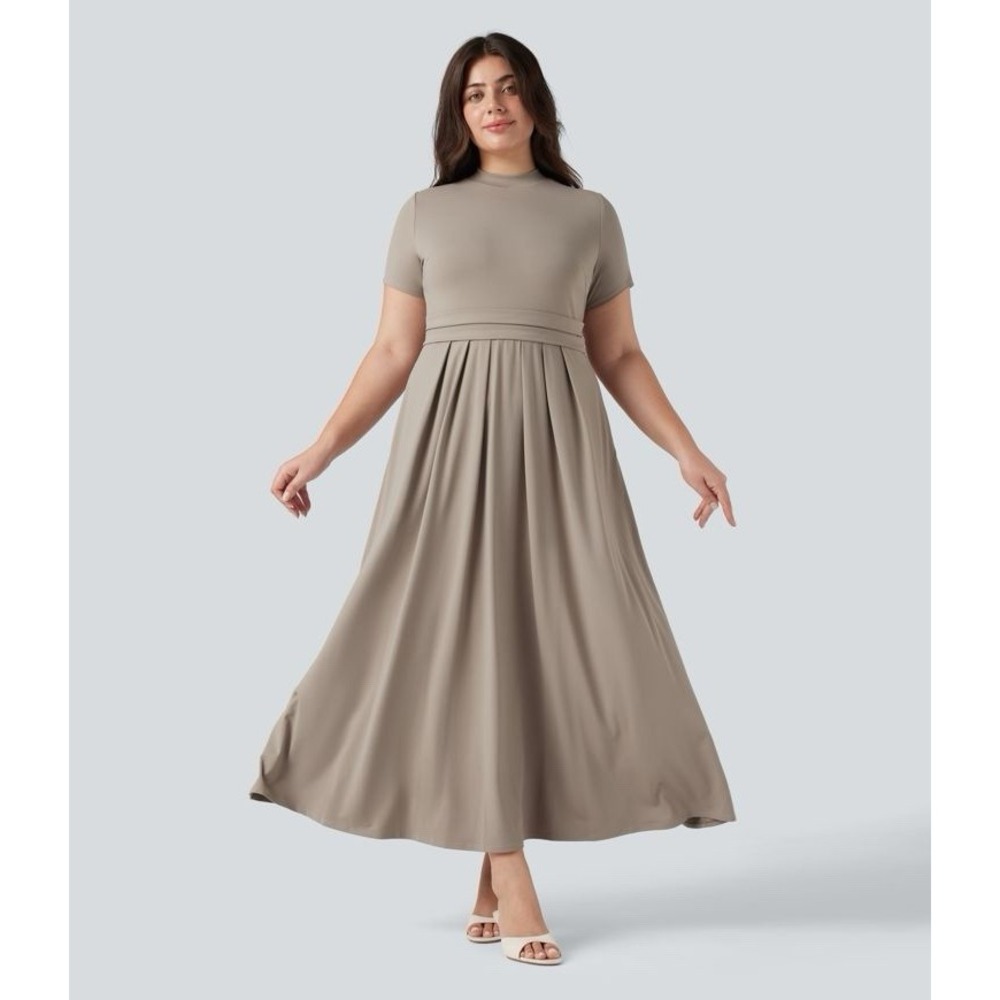 Halara Stand Collar Short Sleeve Flare Maxi Dress Size 3X Weathered Teak Beige